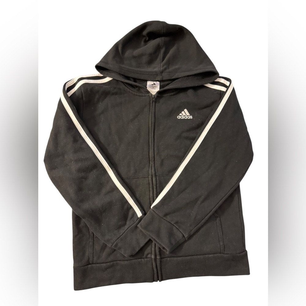 Adidas Boy’s Zip Up Hoodie in Black with White Stripes| Size: M 10/12